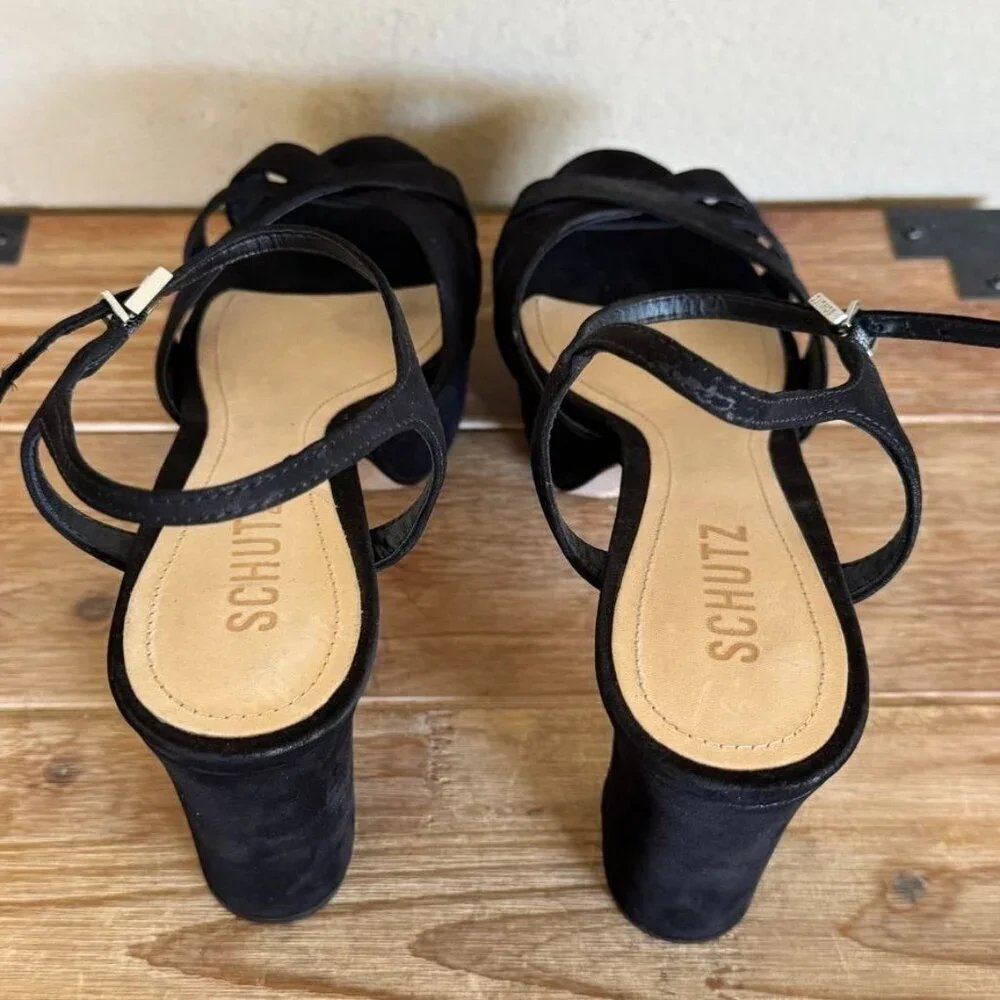 SCHUTZ Keefa Black Suede Open Toe Ankle Strap Platform 70s Evening Sandal Size 8